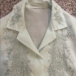 Floral Embroidered Button-Up Blouse light green sheer silk